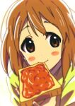  1girl blush bread bread_slice brown_eyes brown_hair closed_mouth commentary food food_in_mouth green_shirt hirasawa_yui k-on! kimura_(pixiv79722552) looking_at_viewer looking_to_the_side mouth_hold open_eyes shirt short_hair simple_background smile solo toast toast_in_mouth white_background 