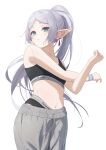 1girl absurdres alternate_hairstyle aqua_eyes bare_arms bare_shoulders commentary cowboy_shot crop_top frieren grey_hair grey_pants highres long_hair looking_at_viewer midriff navel pants pige_pig ponytail solo sousou_no_frieren sports_bra standing stomach very_long_hair 