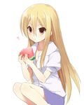  :t ? afuro_terumi blonde_hair food fruit holding holding_food holding_fruit inazuma_eleven inazuma_eleven_(series) long_hair male_focus mayachi_(amuriya) otoko_no_ko red_eyes simple_background solo squatting watermelon 