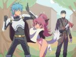  1girl 2boys :d animal_ears animal_hands armor blue_eyes blue_hair cat_ears cat_tail closed_mouth gloves highres kaien_advance leotard long_hair multiple_boys official_style open_mouth perisie_(star_ocean) pink_hair pointy_ears ponytail roddick_farrence ronixis_kenni smile star_ocean star_ocean_first_departure tail tree 