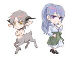  2girls androgynous animal_ears black_collar black_footwear centauroid chibi closed_mouth collar commentary_request crossed_arms feneculiu full_body goat_ears goat_girl goat_horns goat_tail grey_fur grey_hair hand_up highres hooves horns long_hair long_sleeves looking_at_viewer low_horns medium_hair monster_girl multiple_girls original ponytail purple_eyes purple_hair short_eyebrows simple_background smile standing taur white_background 