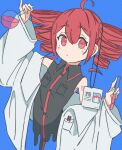  1girl ahoge arm_up bare_shoulders black_shirt blue_background body_writing breast_pocket buttons closed_mouth coat collared_shirt cropped_torso drill_hair facial_mark flask flat_chest hair_between_eyes highres holding holding_flask holding_test_tube id_card igaku_(utau) kasane_teto lab_coat long_sleeves looking_at_viewer nunono_negi off_shoulder open_clothes open_coat pocket red_eyes red_hair round-bottom_flask shirt sleeveless sleeveless_shirt solo test_tube twin_drills upper_body utau white_coat 