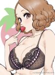  1girl aqua_nails black_bra bra breasts brown_eyes brown_hair cleavage eating eyelashes food food_in_mouth fruit highres lace-trimmed_bra lace_trim looking_at_viewer nail_polish okumura_haru persona persona_5 poechan_chan short_hair solo strawberry underwear upper_body 