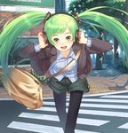  alternate_costume bag black_legwear casual crosswalk green_eyes green_hair hatsune_miku headphones leaning_forward legwear_under_shorts long_hair looking_at_viewer outdoors pantyhose pavement shorts smile solo tactile_paving twintails very_long_hair vocaloid yamamoto_shima 