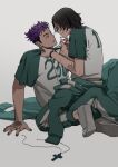  2boys black_hair boy_on_top buzz_cut clothes_grab commentary_request cross_pendant grabbing_another's_shirt green_shirt green_track_suit highres knees_up looking_at_another male_focus multiple_boys nam-gyu print_shirt purple_hair shirt short_hair sitting sitting_on_lap sitting_on_person squid_game thanos_(squid_game) track_suit two-tone_shirt uxjaw9kk7171352 very_short_hair yaoi 