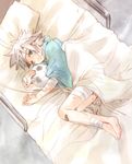  ball bandages barefoot bed feet green_eyes heat_(inazuma_eleven) inazuma_eleven inazuma_eleven_(series) lying male_focus soccer_ball solo telstar yupopo_(hidame) 