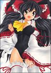  animal_ears black_hair breasts bunny_ears bunnysuit cleavage curvy detached_sleeves hakurei_reimu large_breasts long_hair marker_(medium) pastel_(medium) red_eyes smile solo thighhighs touhou traditional_media very_long_hair yadokari_genpachirou 