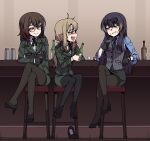  3girls ahoge aviator_sunglasses bar_(place) black_gloves black_necktie black_pantyhose black_skirt blonde_hair blue_eyes blue_hair blue_shirt blush bottle breasts brown_hair brown_pantyhose commentary commission cup drinking_glass english_commentary eyewear_on_head fang glasses gloves green_jacket green_skirt grey_vest heterochromia highres holding holding_bottle holding_cup indoors jacket karepack large_breasts long_hair looking_at_another low_ponytail medium_breasts multicolored_hair multiple_girls necktie on_stool open_mouth original pantyhose ponytail red_hair republic_of_korea_army scar scar_on_face shirt shoe_dangle shoe_loss shoes shot_glass sidelocks single_shoe sitting skirt smile streaked_hair striped_clothes striped_vest sunglasses sweatdrop toes vest waistcoat watch white_shirt wristwatch yellow_eyes yi_jina 