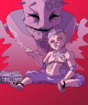  1boy belly buzz_cut chest_tattoo cigarette dwarf elbow_pads english_commentary fog gradient_background highres holding holding_cigarette jojo_no_kimyou_na_bouken jojolion kristallion looking_to_the_side miniature navel neck_tattoo old old_man orange_eyes ozon_baby_(stand) parted_lips poor_tom_(jojolion) purple_lips red_background sandals short_hair shorts simple_background sitting smile solo spikes standing stomach_tattoo tattoo topless_male very_short_hair 