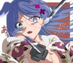  1girl aiming aiming_at_viewer alternate_costume anime_coloring aqua_eyes blue_hair blue_nails blue_wings broken broken_sword broken_weapon cutting_hair diamond-shaped_pupils diamond_(shape) elira_pendora fang feathered_wings floating_hair floral_print floral_print_kimono head_tilt head_wings heterochromia highres holding holding_sword holding_weapon japanese_clothes katana kimono long_hair long_sleeves looking_at_viewer multicolored_hair nijisanji nijisanji_en npppiyo open_mouth pink_eyes pointing_melee_weapon pointing_sword print_kimono severed_hair solo surprised sweat sword symbol-shaped_pupils translated two-tone_hair upper_body virtual_youtuber weapon white_hair white_kimono wide-eyed wings yukata 