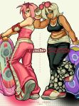  2girls absurdres adjusting_eyewear amy_rose amy_rose_(riders) belly_chain black_sports_bra blue_eyes blue_eyeshadow breasts cleavage commentary dark-skinned_female dark_skin elbow_pads english_commentary english_text eyeshadow eyewear_on_head fingerless_gloves floral_print floral_print_pants from_side full_body gloves heart heart-shaped_eyewear highres hoverboard humanization jewelry livpoid looking_at_viewer looking_back makeup multiple_girls navel pants pink-framed_eyewear pink-tinted_eyewear pink_hair pink_nails pink_pants plump rouge_the_bat rouge_the_bat_(riders) sonic_(series) sonic_riders_(series) sports_bra sweatpants tinted_eyewear white_background white_hair 