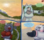 accessory anthro armor arms_crossed_under_breasts athletic athletic_female bangs black_nose blue_body blue_eyes blue_hair blue_scales breasts canid canine canis chest_tuft clothing cloud clouded_leopard coat colored_nails comic countershade_face countershade_torso countershading coyote crossed_arms dialogue dragon ear_piercing ear_ring emanata emerald_(gem) fangs fantasy felid female fingerless_gloves flower fluffy fluffy_tail freckles fur furgonomics gauntlets gem gesture gloves grass grass_field green_body green_clothing green_coat green_fur green_hair green_topwear grey_body grey_fur hair halo hand_gesture handwear headband heart_of_the_lands hi_res highlights_(coloring) horn inner_ear_fluff ithaca_juneia lens_flare light lighthouse long_hair mammal map markings mask mountain muscular muscular_female mythological_creature mythological_scalie mythology nails neck_tuft oversized_sleeves pantherine piercing plant pointing purple_eyes red_clothing red_hair red_shirt red_topwear ring ring_piercing roseland_mingwei sabertooth_(anatomy) scales scalie scarf shirt short_hair shoulder_pads shrub sky smile sparkles spots spotted_markings story story_in_description stylish_apollo sun sunlight tail tail_accessory tailband talking_to_another tan_body tan_fur teeth text topwear tree tuft wearing_mask white_hair yellow_eyes zenchi_hasagami