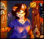 2025 absurd_res anthro bell black_border black_ear_tips black_stripes blue_clothing blue_shirt blue_topwear border bottle brown_hair clothing container countershading dialogue dipstick_ears ear_markings english_text felid female hair hi_res inside mammal multicolored_ears open_mouth orange_body pantherine porteryx shirt solo speech_bubble stripes tan_body tan_countershading tan_inner_ear text tiger topwear tori_taxel