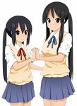  akiyama_mio alternate_hairstyle aoinagi black_eyes black_hair brown_eyes highres holding_hands k-on! long_hair multiple_girls nakano_azusa neck_ribbon red_ribbon ribbon school_uniform twintails 