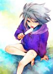  barefoot blue_eyes food inazuma_eleven inazuma_eleven_(series) male_focus popsicle sitting solo suzuno_fuusuke white_hair yupopo_(hidame) 