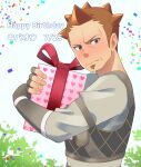  1boy beard_stubble birthday birthday_date blush brown_eyes brown_hair commentary_request confetti constricted_pupils cuirass elbow_gloves embarrassed facial_hair fingerless_gloves forehead from_side gift gloves grey_armor grey_gloves grey_shirt happy_birthday highres holding holding_gift hugging_object kibaou long_sleeves looking_at_viewer looking_to_the_side male_focus parted_lips shirt short_hair solo spiked_hair stubble sword_art_online translation_request tu_tora2 upper_body white_background 