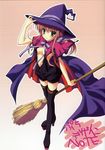  boots breasts broom cape green_eyes hat highres holding long_hair medium_breasts nanao_naru original overalls red_hair solo thigh_boots thighhighs witch witch_hat 