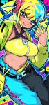  1girl :p alt_text bandeau belt black_mask blonde_hair blue_eyes blue_hair blue_nails breasts canari_(pokemon) commentary criss-cross_straps cropped_jacket english_commentary grizzace hand_up highres holding holding_phone jacket large_breasts looking_at_viewer mask mega_stone mouth_mask multicolored_hair navel pants phone pokemon pokemon_legends:_z-a rotom rotom_phone smile solo split-color_hair star_(symbol) sweat tongue tongue_out twintails two-tone_mask two-tone_pants yellow_bandeau yellow_jacket yellow_mask yellow_nails 