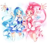  :d blue_choker blue_eyes blue_hair blue_skirt boots bow choker cure_blossom cure_marine eyelashes hanasaki_tsubomi heart heartcatch_precure! kayou_(kayou-bi) knee_boots kurumi_erika long_hair magical_girl multiple_girls open_mouth pink_bow pink_choker pink_eyes pink_hair ponytail precure skirt smile thighhighs wrist_cuffs 