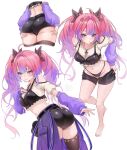  1girl absurdres anger_vein ass barefoot black_panties black_shorts black_thighhighs blue_eyes blush breasts clothes_pull cropped_shirt highres hololive hololive_dev_is kikirara_vivi looking_at_viewer medium_breasts multicolored_hair multiple_views navel panties pink_hair purple_hair shorts shorts_pull simple_background soup_(soupysoull) thighhighs two-tone_hair underwear virtual_youtuber white_background 