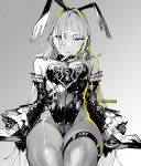  1girl animal_ears ben-day_dots breasts commentary dated_commentary detached_sleeves fake_animal_ears frown gradient_background hair_ribbon herta_(honkai:_star_rail) highleg highleg_leotard highres honkai:_star_rail honkai_(series) jewelry key key_necklace leotard long_hair looking_at_viewer monochrome necklace object_riding otimusyairoha pantyhose ribbon screentones sidelighting simple_background sitting small_breasts solo spot_color strapless strapless_leotard the_herta_(honkai:_star_rail) thigh_strap twitter_username very_long_hair 