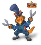 2017 4_fingers absurd_res anthro bent_legs big_nose black_clothing black_footwear black_shoes blue_bottomwear blue_cape blue_clothing blue_footwear blue_gloves blue_handwear blue_hat blue_headwear blue_pants blue_socks blue_top_hat bottomwear brown_eyebrows brown_hair brown_nose cape clive_'n'_wrench clothed clothed_anthro clothed_male clothing colored digital_drawing_(artwork) digital_media_(artwork) droo_the_ripper english_description english_text eyebrows facial_hair fingerless_gloves fingers footwear full-length_portrait fully_clothed fully_clothed_anthro fully_clothed_male fur gloves green_eyes hair handwear hat headgear headwear hi_res holding_object holding_scissors kangaroo light lighting looking_at_viewer luigil macropod male male_anthro mammal marsupial numskull_games official_art orange_body orange_fur orange_tail pants patch_(fabric) pink_inner_ear pink_tongue plushie pockets portrait scissors shaded sideburns simple_background smile smiling_at_viewer socks solo standing tail text thick_eyebrows title tongue toothy_grin torn_cape torn_clothing villian white_background