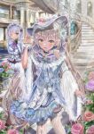  2girls :d ;3 alternate_costume arm_under_breasts bare_shoulders black_gloves blue_dress blue_flower blue_nails blue_rose blush bow bowtie brown_hair choker commentary_request dress dress_flower eyelashes feet_out_of_frame flower frilled_choker frilled_dress frilled_sleeves frilled_thighhighs frills gloves green_eyes grey_bow grey_bowtie hair_flower hair_ornament hand_up happy hat hat_flower heaven_burns_red highres index_finger_raised indoors kuroe_maruru lolita_fashion long_hair long_sleeves looking_at_another looking_at_viewer medium_hair multiple_girls nail_polish off-shoulder_dress off_shoulder ogasawara_hisame one_eye_closed open_mouth pink_flower pink_rose purple_flower purple_rose red_pupils rose shy smile solo_focus spiked_hair standing starish sugawara_chie sun_hat thighhighs twintails two-tone_dress very_long_hair white_dress white_flower white_hair white_hat white_thighhighs white_wrist_cuffs wide_sleeves wrist_cuffs yellow_eyes 
