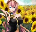  blue_eyes ekoda_(piapro) flower long_hair megurine_luka pink_hair smile solo sunflower very_long_hair vocaloid 