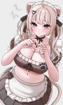  1girl absurdres ahoge alternate_costume animal_ears apron black_bow black_choker black_nails black_skirt black_tube_top blush bow bow_choker breasts choker cleavage closed_mouth commentary_request four-finger_heart_hands frilled_skirt frills grey_eyes grey_hair hair_bow hair_ornament heart heart_hair_ornament heart_hands highres holding hololive large_breasts lion_ears lion_girl lion_tail long_hair looking_at_viewer maid maid_apron maid_headdress nail_polish navel ruo1001 shishiro_botan skirt solo strapless tail tube_top twintails virtual_youtuber 