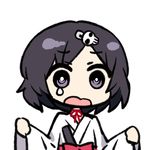  black_eyes black_hair bow chan_co chibi hair_ornament hairclip japanese_clothes kimono male_focus miko neck_ribbon open_mouth otoko_no_ko ribbon short_hair simple_background skull_hair_ornament solo steins;gate teardrop upper_body urushibara_ruka white_background 