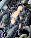  blue_hair bra closed_eyes gloves mecha navel niiyan original power_armor power_suit science_fiction sleeping solo underwear 