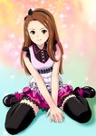  between_legs black_legwear brown_eyes brown_hair hairband hand_between_legs highres idolmaster idolmaster_(classic) idolmaster_2 long_hair minase_iori ponnetsu sitting solo thighhighs wariza zettai_ryouiki 