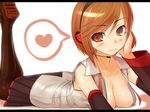  breasts brown_eyes brown_hair cleavage cosplay detached_sleeves hatsune_miku hatsune_miku_(cosplay) headphones headset heart kakaon lying medium_breasts meiko on_stomach skirt solo speech_bubble spoken_heart thighhighs vocaloid 