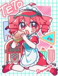  1girl :d apron blush_stickers burger character_name cherry commentary_request cup dot_nose double-parted_bangs dress drill_hair drinking_glass food frilled_apron frills fruit full_body grid_background hair_between_eyes hat holding holding_food ice_cream jukebox kasane_teto looking_at_viewer open_mouth red_dress red_eyes red_hair red_hat red_shoes roller_skates shoes short_hair short_sleeves sidelocks signature sitting skates smile solo twin_drills utau visor_cap waist_apron wariza white_apron yuusuke-kun 