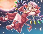  apple armpits blonde_hair dress elbow_gloves fang flandre_scarlet food fruit gloves highres hiiragi_tomoka holding holding_food holding_fruit moon red_eyes solo touhou wings 