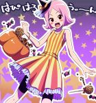  1girl basket bike_shorts bike_shorts_under_skirt bleach blush_stickers breasts brown_eyes candy candy_cane commentary_request cupcake food gradient_background hat holding holding_basket kusajishi_yachiru lido_an0 lollipop medium_breasts mini_hat outline pink_hair purple_background solo star_(symbol) striped_clothes tilted_headwear translation_request witch_hat 