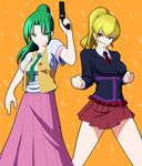  akimichi blonde_hair clenched_hands company_connection creator_connection crossover green_hair green_neckwear gun higurashi_no_naku_koro_ni multiple_girls necktie ponytail red_neckwear skirt sonozaki_mion trait_connection umineko_no_naku_koro_ni ushiromiya_jessica vest weapon 