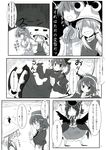  comic detached_sleeves frog greyscale headband highres kaenbyou_rin kochiya_sanae makino_(ukiuo) monochrome moriya_suwako multiple_girls o_o ochinchin_land pyonta reiuji_utsuho snake touhou translated wings yasaka_kanako 