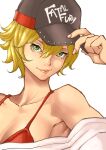  1girl absurdres alice_garnet_nakata bare_shoulders baseball_cap bikini bikini_top_only blonde_hair breasts cleavage collarbone fatal_fury_cap green_eyes hashtag-only_commentary hat highres large_breasts looking_at_viewer loose_clothes loose_shirt off-shoulder_shirt off_shoulder red_bikini shirt short_hair simple_background smile solo star_(symbol) swimsuit the_king_of_fighters the_king_of_fighters_xiv zerosentakuki 
