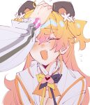  2girls absurdres animal_ears bear_ears bell blonde_hair blush bow bowtie brown_bow brown_bowtie cleavage_cutout closed_eyes clothing_cutout commentary english_commentary facing_another facing_viewer fake_animal_ears fang flower gradient_hair hair_flower hair_ornament hand_on_another's_head headpat highres hololive jacket legzy long_hair momosuzu_nene momosuzu_nene_(1st_costume) multicolored_bow multicolored_bowtie multicolored_hair multiple_girls neck_bell open_mouth orange_bow orange_bowtie peach_ornament pink_hair pov pov_hands shirt solo_focus tokoyami_towa tokoyami_towa_(1st_costume) two_side_up virtual_youtuber white_background white_jacket yellow_bow yellow_bowtie 