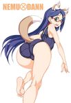  :o all_fours animal_ears ass bad_id bad_pixiv_id bare_shoulders barefoot blue_hair collar copyright_request feet fox_ears fox_tail glasses green_eyes hair_ornament hairclip highres long_hair looking_back one-piece_swimsuit open_mouth school_swimsuit simple_background solo swimsuit tail trefoil vrkdh 