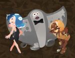  2girls 3d_rod! absurdres bag bent_over big_man_(splatoon) black_dress blonde_hair blue_hair bow bowtie bracelet breasts colored_fingertips commentary dark-skinned_female dark_skin dress earrings english_commentary fangs frye_(splatoon) gold_bracelet gold_dress hair_over_one_eye hand_on_own_hip handbag high_heels highres inkling jewelry manta_ray multiple_bracelets multiple_earrings multiple_girls octoling one_eye_closed open_mouth pointy_ears red_eyes red_lips shiver_(splatoon) short_dress side_slit smile splatoon_(series) splatoon_3 tentacle_hair yellow_eyes 