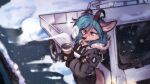  anthro beverage car coffee deer_nose female half_gloves hi_res holding_object horn kei_truck lonerdemiurge looking_down nail_(character) shaking shivering snow snowing solo standing steam turquoise_hair vehicle winter winter_coat 