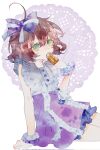  1girl ahoge arm_support bagel bow brown_hair commentary covering_own_mouth cowboy_shot flutterpage flutterpage_(naisnow) food frilled_shirt frills green_eyes hair_bow hand_up highres holding holding_food looking_at_viewer miniskirt monuo518 official_alternate_costume purple_bow purple_scrunchie purple_skirt reverse:1999 scrunchie shirt short_hair sitting skirt sleeveless sleeveless_shirt solo symbol-only_commentary watercolor_effect white_background white_scrunchie white_shirt wrist_scrunchie 