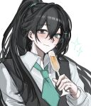  1boy alcohol aqua_eyes aqua_necktie black_eyes black_hair black_vest blush braid champagne champagne_flute closed_mouth collared_shirt commentary_request cup drinking_glass heterochromia high_ponytail highres holding holding_cup hong_lu_(project_moon) limbus_company long_hair long_sleeves looking_at_viewer male_focus necktie official_alternate_costume pepo_(y02d) ponytail ponytail_with_braided_base project_moon shirt short_necktie simple_background smile solo sparkle upper_body very_long_hair vest white_background white_shirt wine_glass 