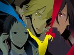  2boys bad_id bad_pixiv_id black_hair blonde_hair blood blue_eyes caballo cellphone durarara!! earrings glasses jewelry kida_masaomi multiple_boys pen phone red_eyes ryuugamine_mikado school_uniform short_hair sonohara_anri sword weapon yellow_eyes 