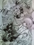  bad_id bad_pixiv_id boots coco_maru fire flandre_scarlet flying fujiwara_no_mokou full_moon laevatein monochrome moon multiple_girls ofuda touhou traditional_media 