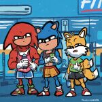 1:1 2022 2_tails air_conditioner anthro athletic_wear barbell black_bottomwear black_clothing black_nose black_shorts blue_body blue_bottomwear blue_clothing blue_shirt blue_shorts blue_tank_top blue_topwear bottomwear canid canine cellphone clothed clothing clothing_lift countershading digital_drawing_(artwork) digital_media_(artwork) echidna electronics eulipotyphlan footwear fox gesture gloves green_clothing green_shirt green_t-shirt green_topwear group gym gym_equipment hand_gesture handwear hedgehog hi_res holding_cellphone holding_object holding_phone holding_water_bottle inside knuckles_the_echidna male mammal mean_look miles_prower mirror_selfie monotreme multi_tail muscular muscular_anthro muscular_arms muscular_male narrowed_eyes paulo_moreira phone pink_clothing pink_shirt pink_tank_top pink_topwear portuguese_description posing_for_picture pulley red_body red_clothing red_footwear red_shoes sega selfie shaka_sign shirt shirt_lift shoes shorts signature slim_anthro slim_male sonic_the_hedgehog sonic_the_hedgehog_(series) squinted_eyes t-shirt tail taking_picture taking_selfie tan_body tan_countershading tank_top thin_legs topwear trio white_clothing white_gloves white_handwear yellow_body yellow_bottomwear yellow_clothing yellow_shorts