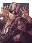  1boy 1girl :3 black_hair bleach blonde_hair bodysuit commentary_request fish_hat happy highres long_hair mmsb_551 paw_pose ponytail shaded_face shihouin_yoruichi smile urahara_kisuke 