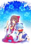  barefoot blue_eyes blue_hair bow brown_hair cirno detached_sleeves feet hair_bow hakurei_reimu japanese_clothes long_hair multiple_girls ribbon short_hair soukuu_kizuna touhou 